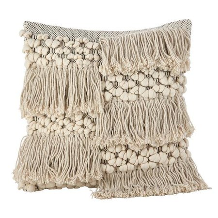 SARO LIFESTYLE SARO 6453.I18S 18 in. Square Moroccan Wedding Blanket Design Fringe Cotton Down Filled Throw Pillow  Ivory 6453.I18S